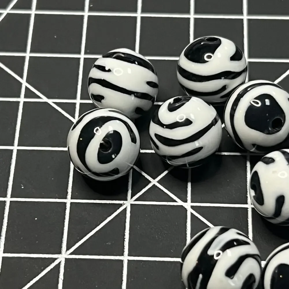 Lot of 12 Black & White Zebra Stripe Round Beads | Jewelry Making Supplies